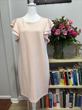 Tommy Hilfiger Scuba Crew Neck Flutter Ruffle Cap Sleeve Sheath